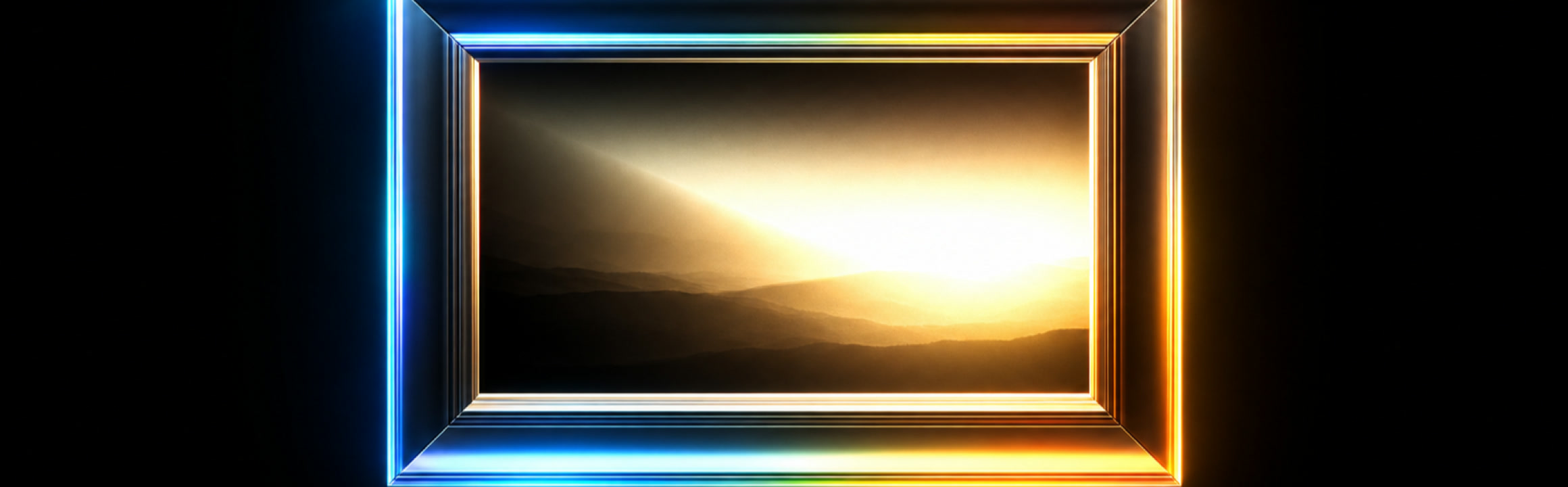 A luminous landscape in a frame edged with cyan and amber light